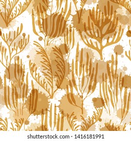 Coral reef seamless pattern. Paint splashes drops watercolor background. Abstract Great Barrier Reef corals background. Aquarium water plants summer vector design. Natural summer pattern.