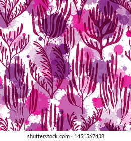 Coral reef seamless pattern. Paint splashes drops watercolor background. Ocean bottom summer pattern. Underwater plants fabric vector illustration. Australian staghorn and pillar corals branches.