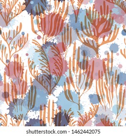 Coral reef seamless pattern. Paint splashes drops watercolor background. Ocean depth undersea bottom coral reef flourish. Aquatic plants repeating vector background. Ocean bottom summer pattern.