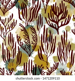 Coral reef seamless pattern. Paint splashes drops watercolor background. Natural summer pattern. Caribbean staghorn and pillar corals diversity. Underwater plants fabric vector illustration.
