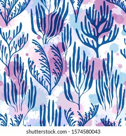 Coral reef seamless pattern. Paint splashes drops watercolor background. Aquarium water plants summer vector design. Tropical coral reef bush silhouette elements. Ocean bottom summer pattern.