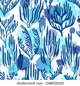 Coral reef seamless pattern. Paint splashes drops watercolor background. Mediterranean staghorn and pillar corals bushes. Sea reef nature pattern. Underwater plants textile print vector design.