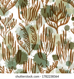 Coral reef seamless pattern. Paint splashes drops watercolor background. Undersea reef flora pattern. Aquarium water plants summer vector design. Tropical coral reef bush silhouette elements.