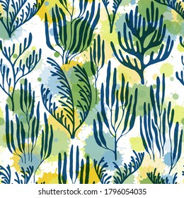 Coral reef seamless pattern. Paint splashes drops watercolor background. Sea reef nature pattern. Underwater plants textile print vector design. Ocean depth undersea bottom coral reef flourish.