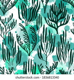 Coral reef seamless pattern. Paint splashes drops watercolor background. Natural summer pattern. Underwater plants fabric vector illustration. Mediterranean staghorn and pillar corals bushes.