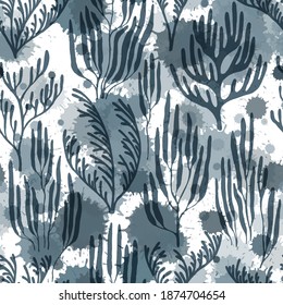 Coral reef seamless pattern. Paint splashes drops watercolor background. Marine water plants wallpaper vector graphics. Tropical coral reef bush silhouette elements. Undersea reef flora pattern.