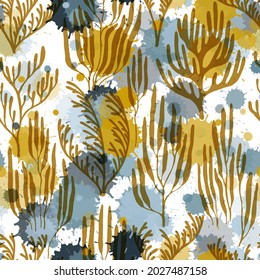 Patrón de arrecife de coral sin fisuras. Las salpicaduras de pintura caen sobre el fondo de las acuarelas. Ilustración vectorial de tela de plantas subacuáticas. Patrón natural de los arrecifes marinos. Elementos de silueta de arrecife de coral tropical.