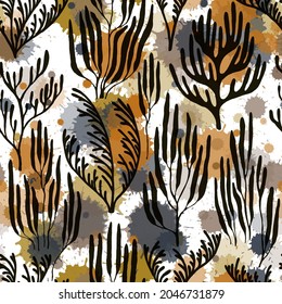 Coral reef seamless pattern. Paint splashes drops watercolor background. Ocean depth undersea bottom coral reef flourish. Underwater plants textile print vector design. Sea reef nature pattern.
