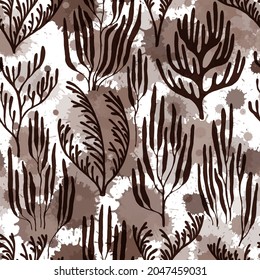 Coral reef seamless pattern. Paint splashes drops watercolor background. Ocean bottom summer pattern. Abstract Great Barrier Reef corals background. Underwater plants textile print vector design.