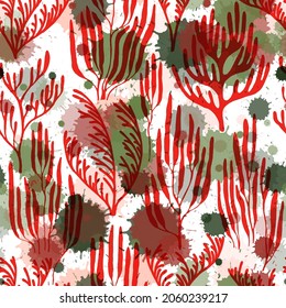Coral reef seamless pattern. Paint splashes drops watercolor background. Underwater plants textile print vector design. Mediterranean staghorn and pillar corals bushes. Ocean bottom summer pattern.