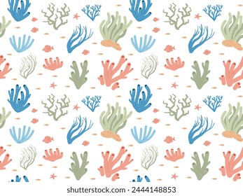 Coral reef seamless pattern. Sea underwater elements endless background. Vector flat illustration.