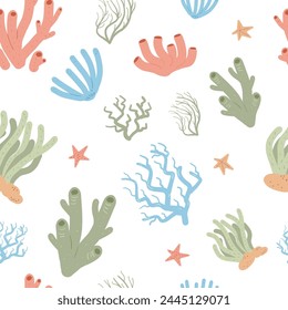 Arrecife de coral patrón sin fisuras. Fondo interminable de Elementos submarinos. Ilustración plana de Vector.