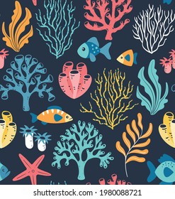 Coral reef seamless pattern. Sealife background concept. Colorful hand drawn illustration. Deep blue background, 