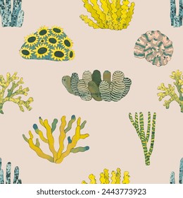 Coral reef seamless pattern. underwater nature vector illustration. watercolor painting.	