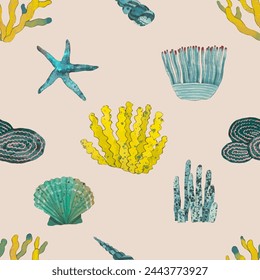Coral reef seamless pattern. underwater nature vector illustration. watercolor painting.	