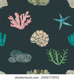 Coral reef seamless pattern. underwater nature vector illustration. watercolor painting.	