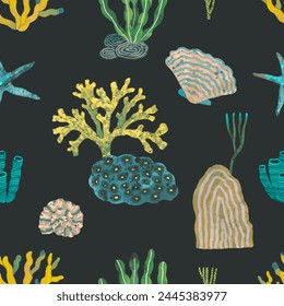 Coral reef seamless pattern. underwater nature vector illustration. watercolor painting.	