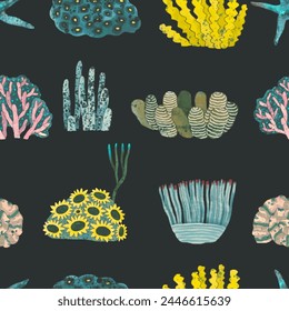 Coral reef seamless pattern. underwater nature vector illustration. watercolor painting.	