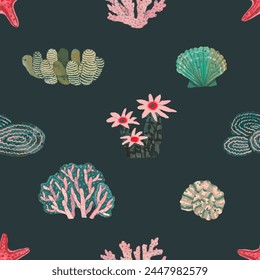 Coral reef seamless pattern. underwater nature vector illustration. watercolor painting.	