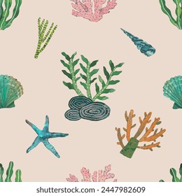 Coral reef seamless pattern. underwater nature vector illustration. watercolor painting.	