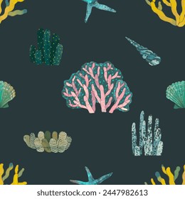 Coral reef seamless pattern. underwater nature vector illustration. watercolor painting.	