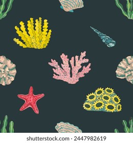 Coral reef seamless pattern. underwater nature vector illustration. watercolor painting.