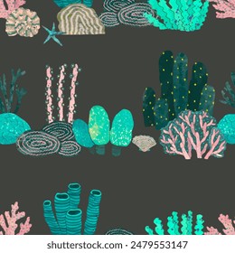 Coral reef seamless pattern. underwater nature vector illustration. watercolor painting.