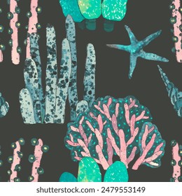 Coral reef seamless pattern. underwater nature vector illustration. watercolor painting.