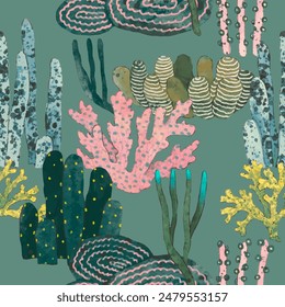 Coral reef seamless pattern. underwater nature vector illustration. watercolor painting.