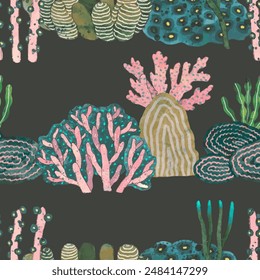 Coral reef seamless pattern. underwater nature vector illustration. watercolor painting.