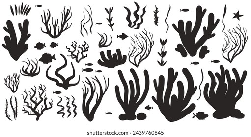 Coral reef and seaweed black silhouette set isolated on white background. Underwater and aquarium plant elements. Vector simple illustration.