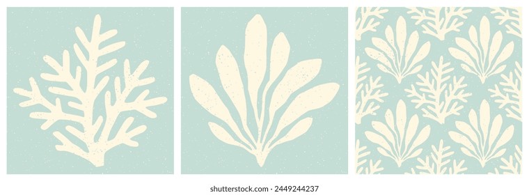 Coral reef and seaweed cut out prints and seamless sea life pattern with speckled texture. Underwater life, coral pastel blue and cream vintage summer holiday hand drawn print set and background.