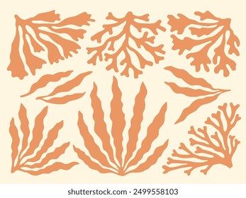 Coral reef and seaweed cutouts block print. Peach orange seaweed and corals nautical collage design element set. Vintage summer sea holiday hand drawn seaweed silhouette illustrations.