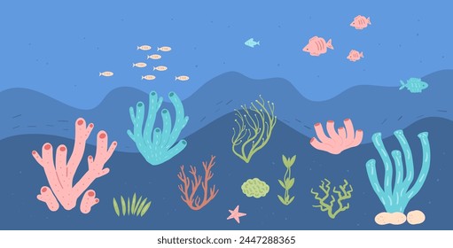 Coral reef and seaweed with fish background. Sea underwater elements. Vector flat illustration.