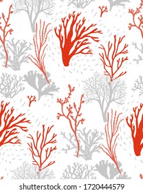 Coral reef   seaweed pattern  Seamless texture and drawings underwater life  Red   gray fashion vector background 