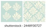 Coral reef and seaweed prints and seamless pattern with speckled texture. Pastel blue and cream underwater sea life, coral and algae vintage summer holiday hand drawn coastal print set and background.