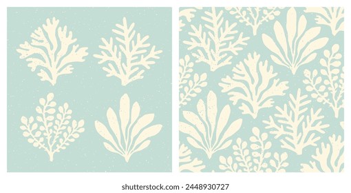 Coral reef and seaweed prints and seamless pattern with speckled texture. Pastel blue and cream underwater sea life, coral and algae vintage summer holiday hand drawn coastal print set and background.