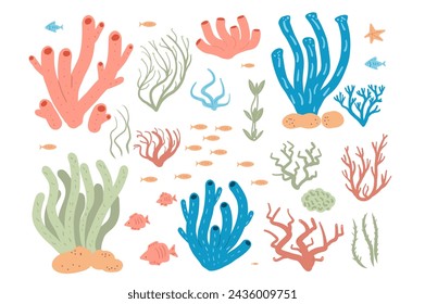 Arrecife de coral y conjunto de algas aisladas sobre fondo blanco. Elementos submarinos del mar. Ilustración plana vectorial.