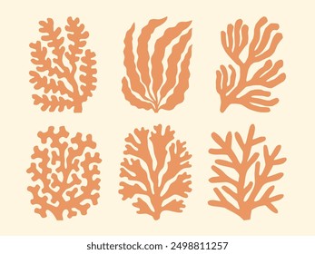 Coral reef and seaweed silhouette collection. Peach orange seaweed, algae, corals nautical collage design element set, hand drawn illustrations. Underwater sea life summer holiday cutouts block print.