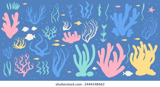 Coral reef and seaweed silhouette set isolated on white background. Underwater and aquarium plant elements. Vector simple handdrawn illustration.