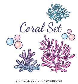 Coral reef or seaweeds vector underwater plants. Aquarium, ocean and undersea algae water life isolated on white background. Corals or sea weeds and wracks, laminaria, kelp cartoon marine icons set