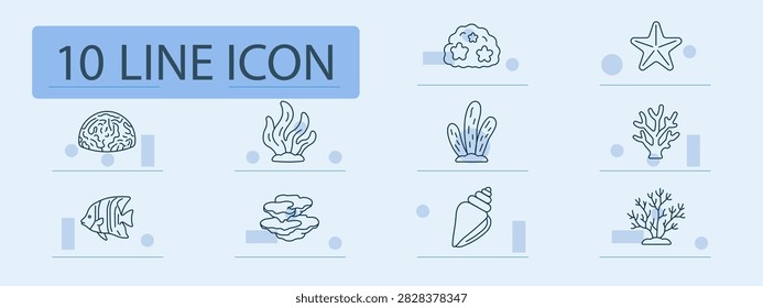 Coral reef set icon. Brain coral, seaweed, tropical fish, shell specimen, starfish, branching coral, marine habitat, underwater ecosystem, ocean biodiversity, aquatic wildlife, coastal environment