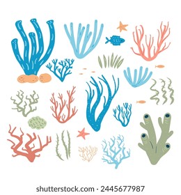 Coral reef set isolated on white background. Sea underwater elements. Vector flat illustration.