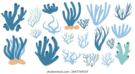 Coral reef set isolated on white background. Sea underwater elements. Vector flat illustration.