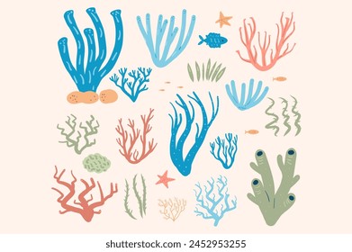 Arrecife de coral conjunto aislado sobre fondo blanco. Elementos submarinos. Ilustración plana de Vector.