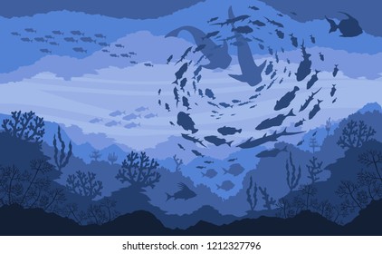 Coral reef and shark hunting, Underwater wildlife on blue sea background