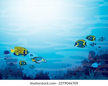 Coral reef with silhouette of fishes on a blue sea background. Vector seascape illustration. Ocean wildlife.

