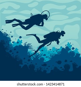 coral reef silhouette,vector illustration , fish ,diver
