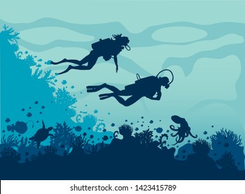 coral reef silhouette,vector illustration , fish ,diver