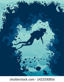 coral reef silhouette,vector illustration flat style,fish ,scuba diver